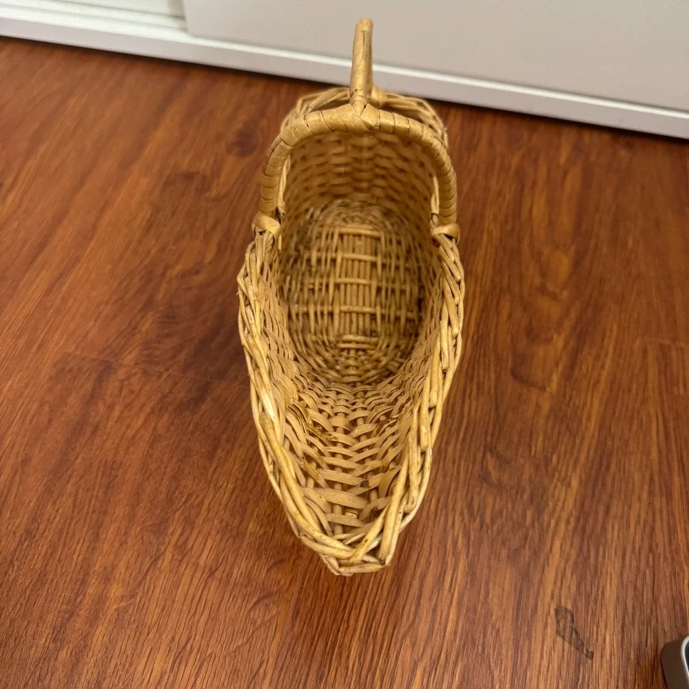 Vintage Woven Wicker Wine Bottle Basket Cradle Cottagecore Natural Rattan Tan